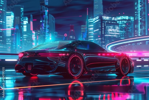 Illustration of a futuristic car with hologram, showcasing advanced cyber security features, designed for a hightech urban area banner © Sweettymojidesign