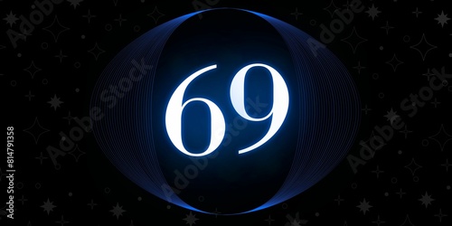 Number 69. Banner with the number sixty nine on a black background and white stars with a circle blue in the middle photo