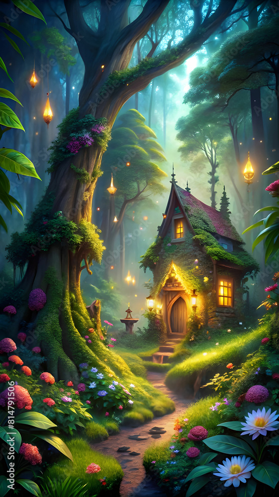 Obraz premium Fantasy House Night Glowing Lights View, Dense Forest, Flower and trees Mobile and Desktop Wallpaper