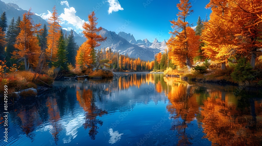 A serene lake surrounded by colorful autumn foliage, reflecting the sky and trees in its clear waters.
A serene lake surrounded by colorful autumn foliage, reflecting the sky and trees in its clear waters.