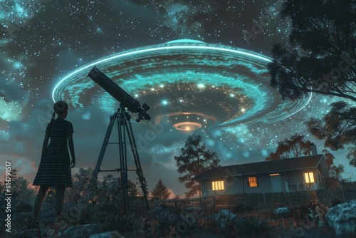 A family setting up a telescope in their backyard, hoping to spot a UFO on World UFO Day