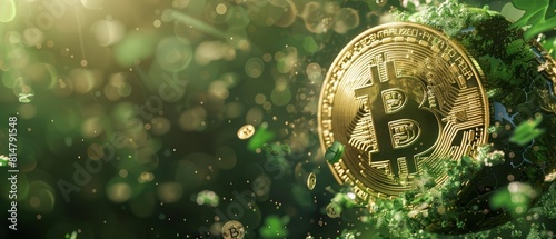 In a vivid digital backdrop, a gold bitcoin soars over a green globe, merging economic growth with environmental responsibility, ready for promotional content in the banner area