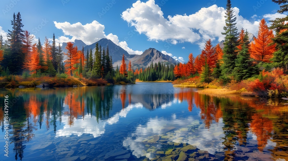 A serene lake surrounded by colorful autumn foliage, reflecting the sky and trees in its clear waters.
A serene lake surrounded by colorful autumn foliage, reflecting the sky and trees in its clear waters.