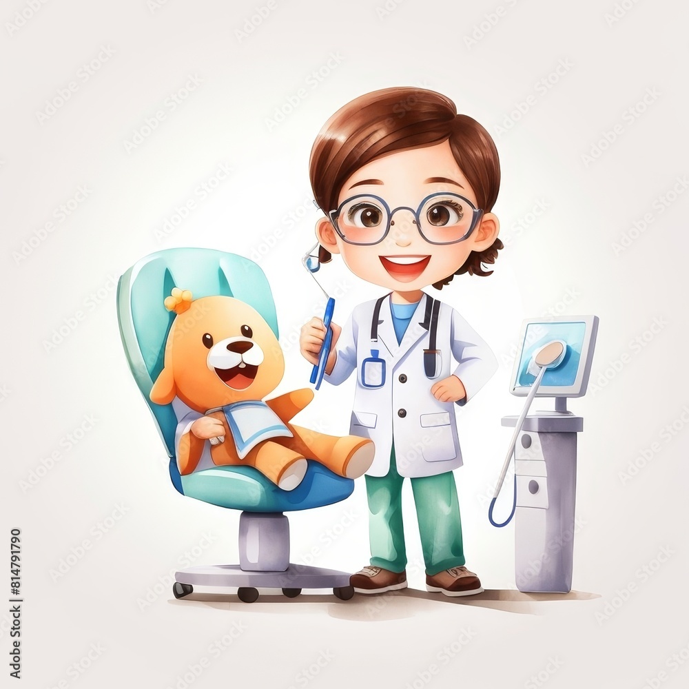 A cartoon doctor is examining a stuffed animal A cartoon doctor is examining a stuffed animal