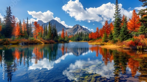 A serene lake surrounded by colorful autumn foliage  reflecting the sky and trees in its clear waters. 