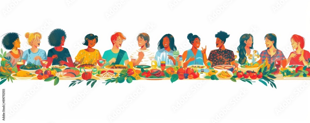 A multicultural feast for International Picnic Day, with people seated at long tables covered in vibrant dishes A multicultural feast for International Picnic Day, with people seated at long tables covered in vibrant dishes