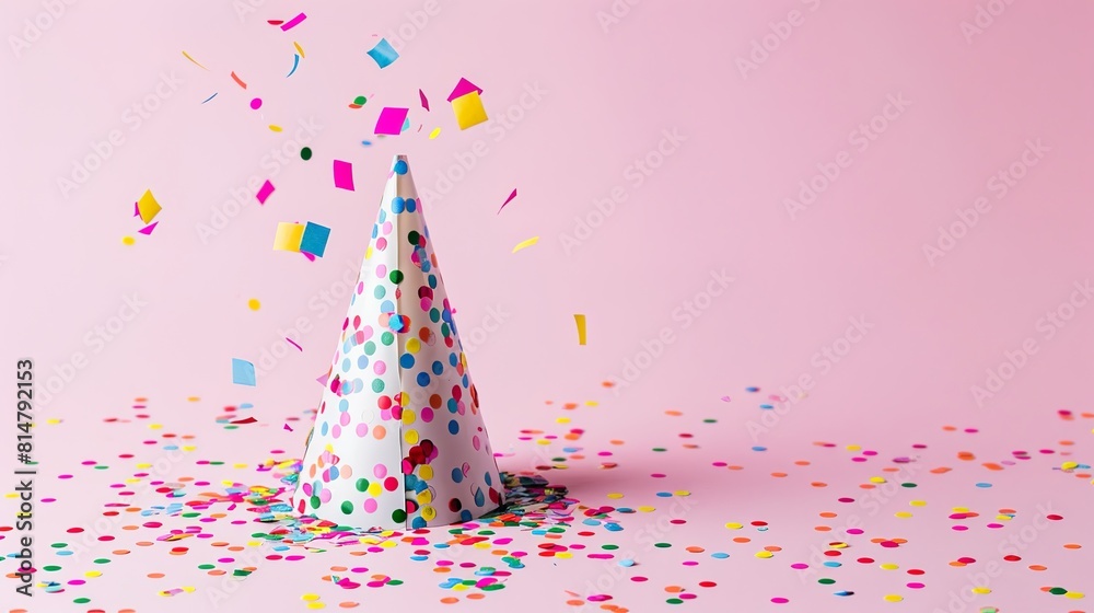 A party hat with confetti, minimalism. left copy space