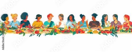 A multicultural feast for International Picnic Day, with people seated at long tables covered in vibrant dishes