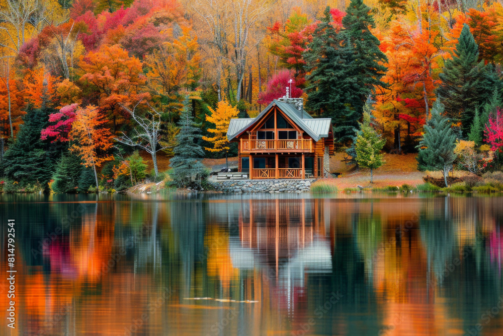 Fototapeta premium A tranquil lakeside cabin nestled amidst a forest of vibrant autumn foliage, with trees ablaze in hues of red, orange, and gold, reflecting in the calm waters of the lake.
