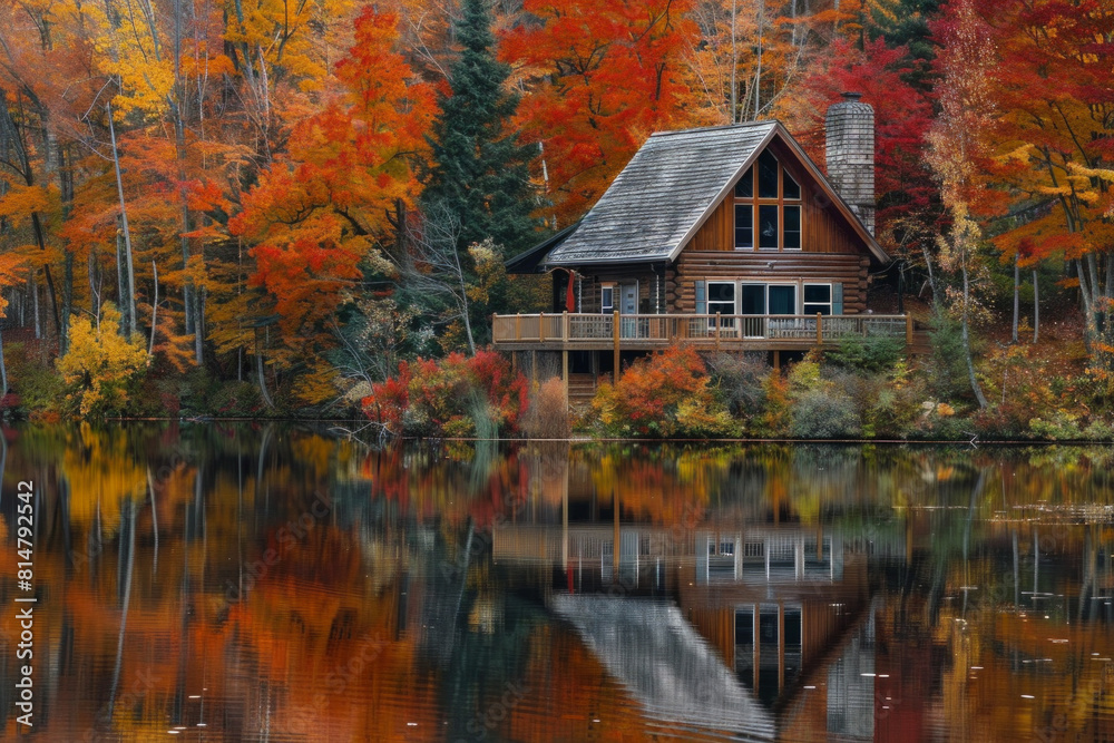 A tranquil lakeside cabin nestled amidst a forest of vibrant autumn foliage, with trees ablaze in hues of red, orange, and gold, reflecting in the calm waters of the lake. A tranquil lakeside cabin nestled amidst a forest of vibrant autumn foliage, with trees ablaze in hues of red, orange, and gold, reflecting in the calm waters of the lake.