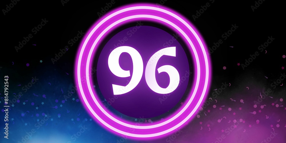 Number 96. Banner with the number ninety six on a black background and blue and purple details with a circle purple in the middle Number 96. Banner with the number ninety six on a black background and blue and purple details with a circle purple in the middle