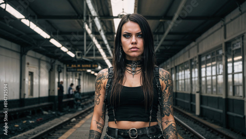 A woman with dark hair and tattoos standing on a train platform © odela