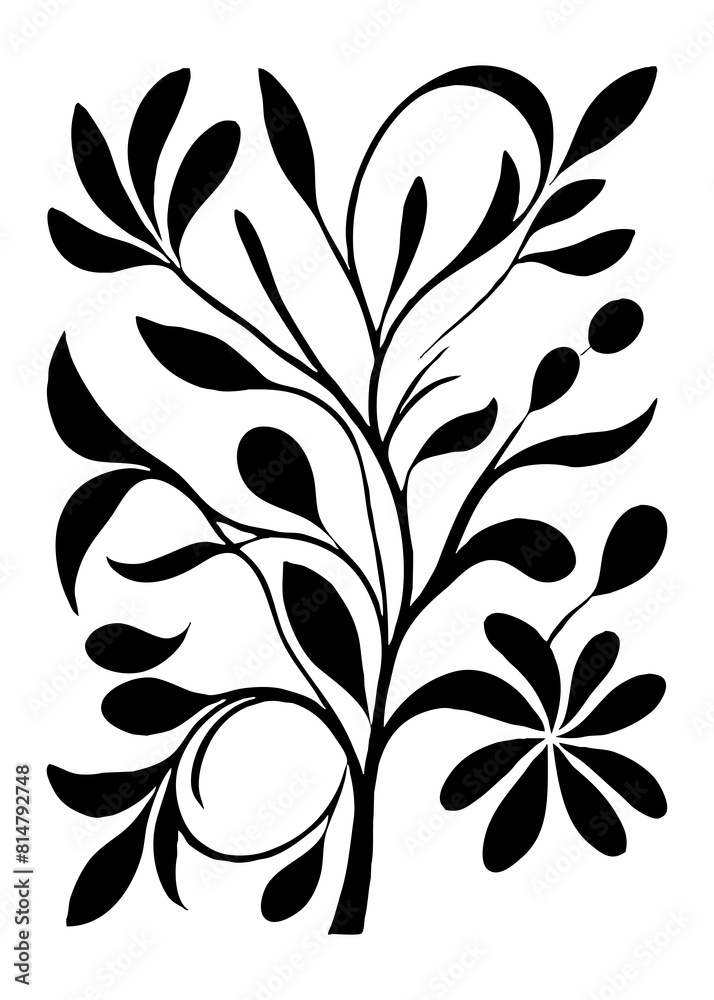 Botanical black and white pattern. Abstract plant shapes. Minimalist illustration for printing on wall decorations, for use in graphics, for tattoos. Generated by Ai Botanical black and white pattern. Abstract plant shapes. Minimalist illustration for printing on wall decorations, for use in graphics, for tattoos. Generated by Ai