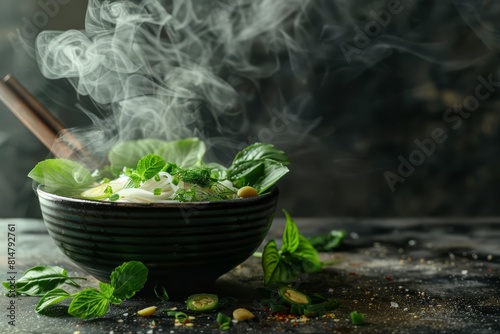 Steaming hot pho from Vietnam offers an aromatic and flavorful escape in every bowl, featuring a variety of herbs, with solid background and copy space on center for advertise