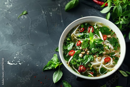 Steaming hot pho from Vietnam offers an aromatic and flavorful escape in every bowl, featuring a variety of herbs, with solid background and copy space on center for advertise