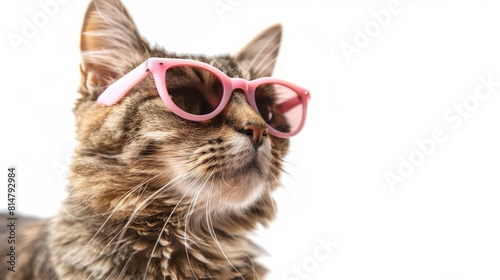 A stylish cat wearing pink glasses, strutting down a fashion runway with confidence