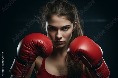 Focused female athlete in red boxing gloves posing with determination © juliars