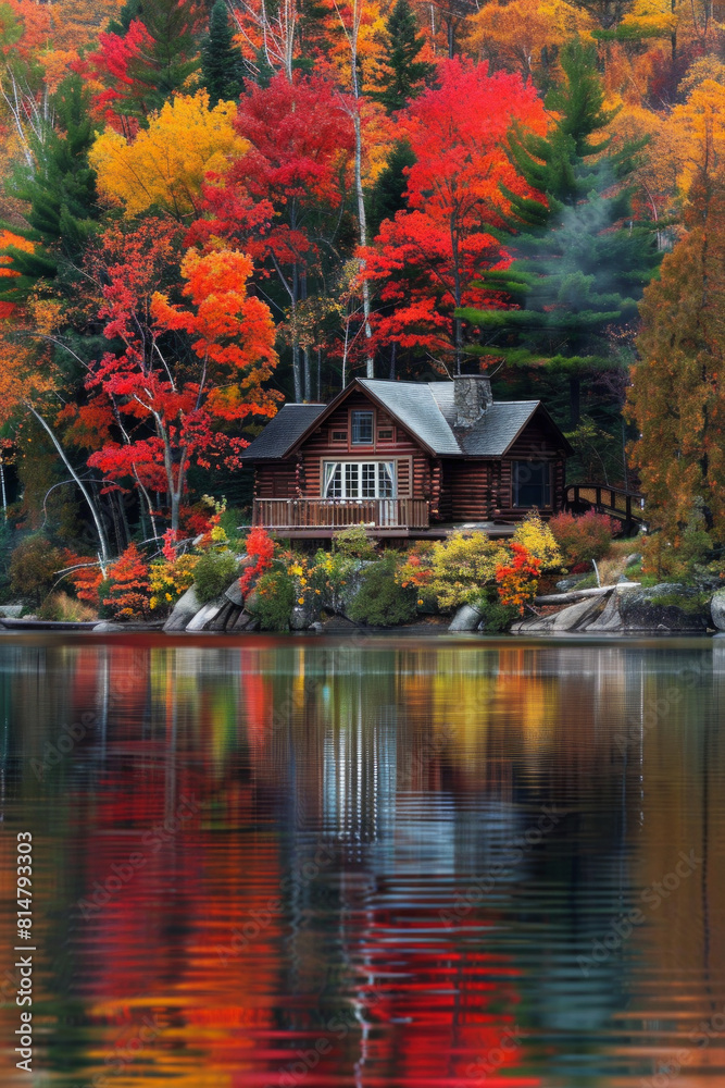 A tranquil lakeside cabin nestled amidst a forest of vibrant autumn foliage, with trees ablaze in hues of red, orange, and gold, reflecting in the calm waters of the lake.