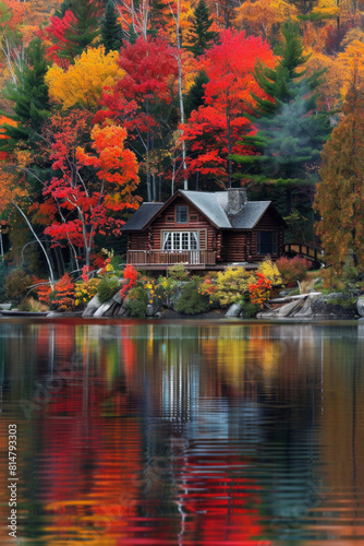 A tranquil lakeside cabin nestled amidst a forest of vibrant autumn foliage  with trees ablaze in hues of red  orange  and gold  reflecting in the calm waters of the lake.