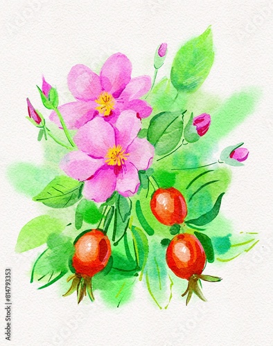 rose hip, Watercolor hand drawn illustration.  © Olesia La