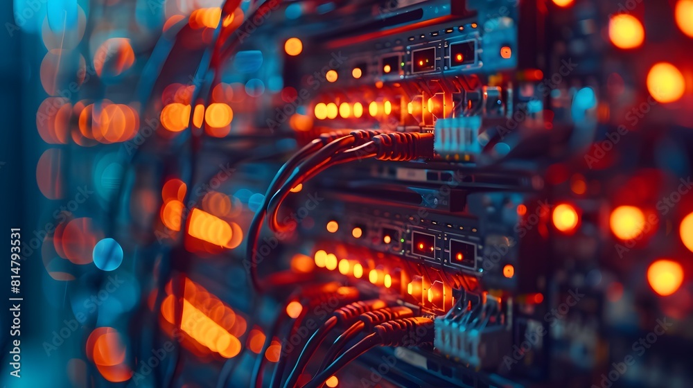 An closeup of network cables and equipment in an IT server room, highlighting the data transfer process between devices.
An closeup of network cables and equipment in an IT server room, highlighting the data transfer process between devices.