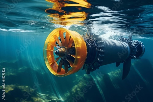 A closeup of an underwater tidal turbine in motion, capturing the movement of water around the blades, with clear visibility and vibrant marine colors, suitable for stock photography showcasing renewa photo