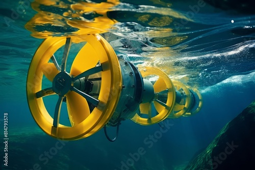 A closeup of an underwater tidal turbine in motion, capturing the movement of water around the blades, with clear visibility and vibrant marine colors, suitable for stock photography showcasing renewa