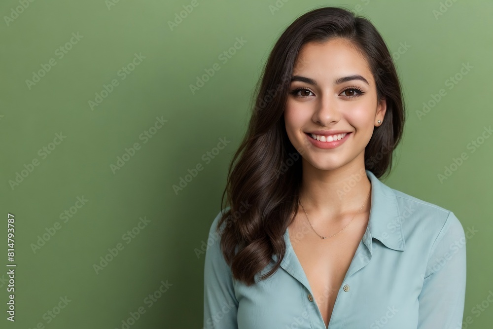 Fototapeta premium Beautiful young Hispanic woman smiling against the green background with copy space.