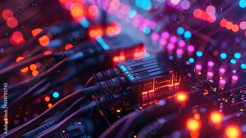 An closeup of network cables and equipment in an IT server room  highlighting the data transfer process between devices. 