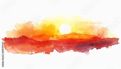 Watercolor of a vibrant sunset over the desert, where the sky and sand seem to merge in fiery hues, clipart isolated with a white background photo