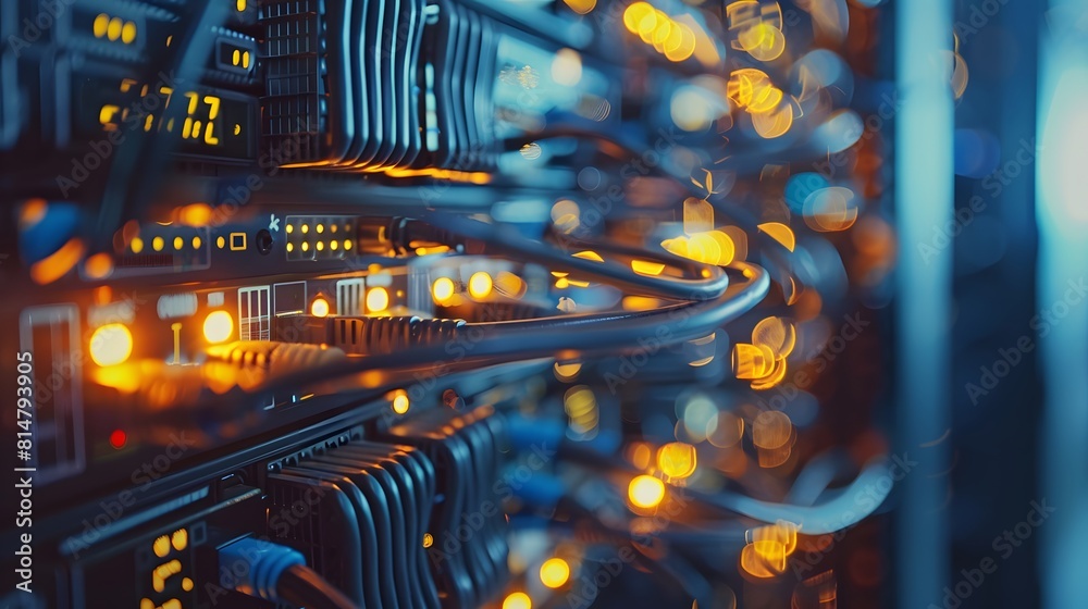 An closeup of network cables and equipment in an IT server room, highlighting the data transfer process between devices.
An closeup of network cables and equipment in an IT server room, highlighting the data transfer process between devices.