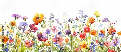 Watercolor of a whimsical garden full of spring flowers, bursting with colors, clipart isolated concept minimal with a white background
