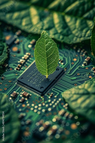 The leaves seem to be reaching out towards the circuit board, as if curious about this manmade creation 8K , high-resolution, ultra HD,up32K HD photo