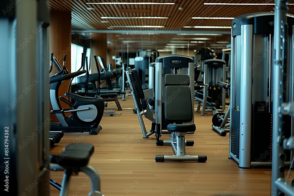 Modern gym interior with bodybuilding equipment and machines in fully-equipped fitness center