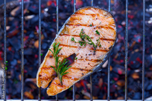Grilled salmon cutlet on a grill grate photo