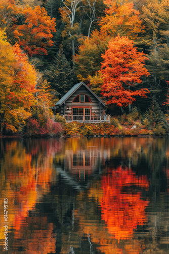 A tranquil lakeside cabin nestled amidst a forest of vibrant autumn foliage, with trees ablaze in hues of red, orange, and gold, reflecting in the calm waters of the lake. © grey