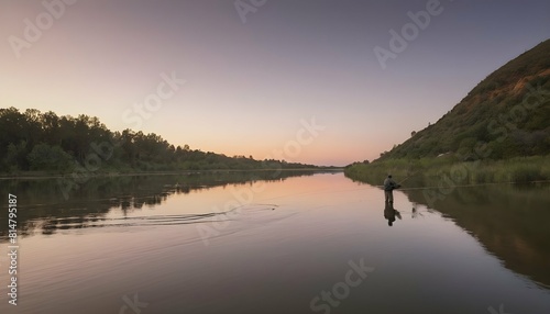 A lone fisherman casting their line into a calm ri upscaled_3