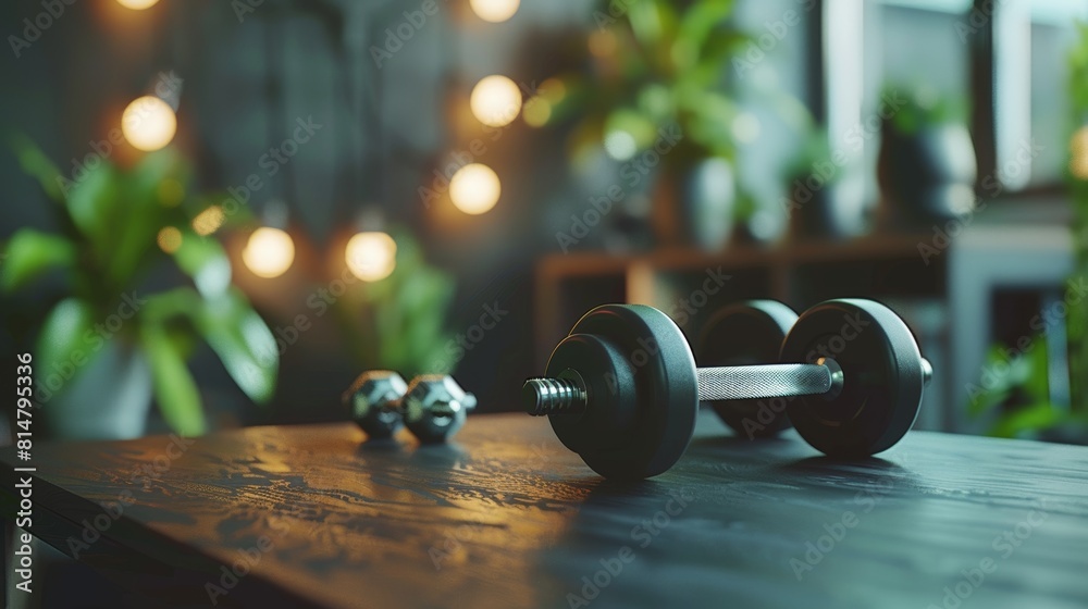 Spacious black desk with gym interior, metal dumbbells for fitness workout and healthy lifestyle Spacious black desk with gym interior, metal dumbbells for fitness workout and healthy lifestyle
