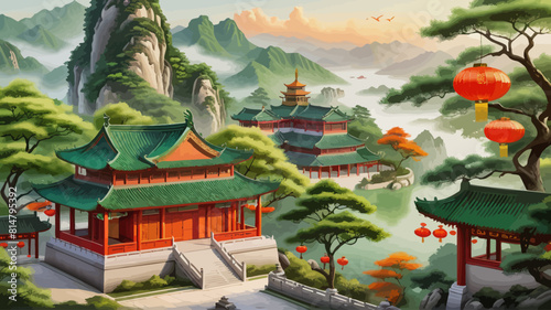 a painting of a chinese landscape with pagodas and lanterns photo
