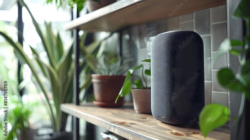 A grey smart speaker on an elegant shelf, surrounded in the style of minimalist decor.
A grey smart speaker on an elegant shelf, surrounded in the style of minimalist decor.
