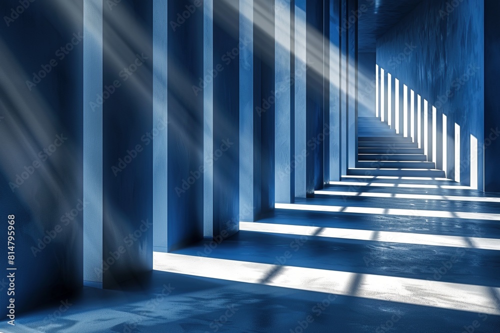 Translucent, bioluminescent blue shapes and lines with a light source casting rays against a dark, inky background, reminiscent of an architectural detail. The forms transition from soft white