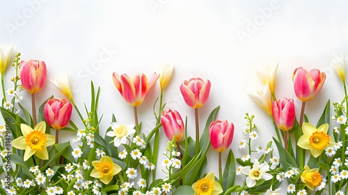 Spring floral border with tulips  daffodils and lilies of the valley on a white background with copy space for text in the style of nature. 