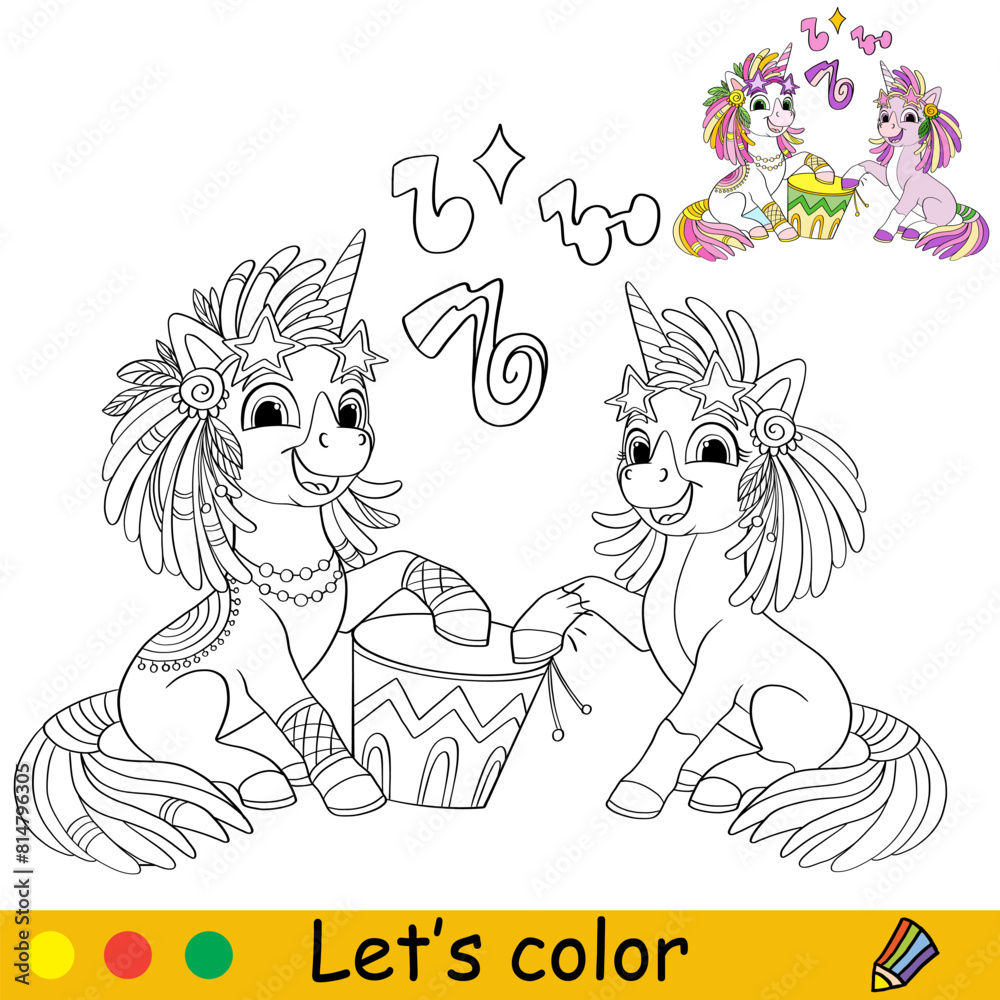 Fototapeta premium Kids coloring with cute unicorns and drum vector