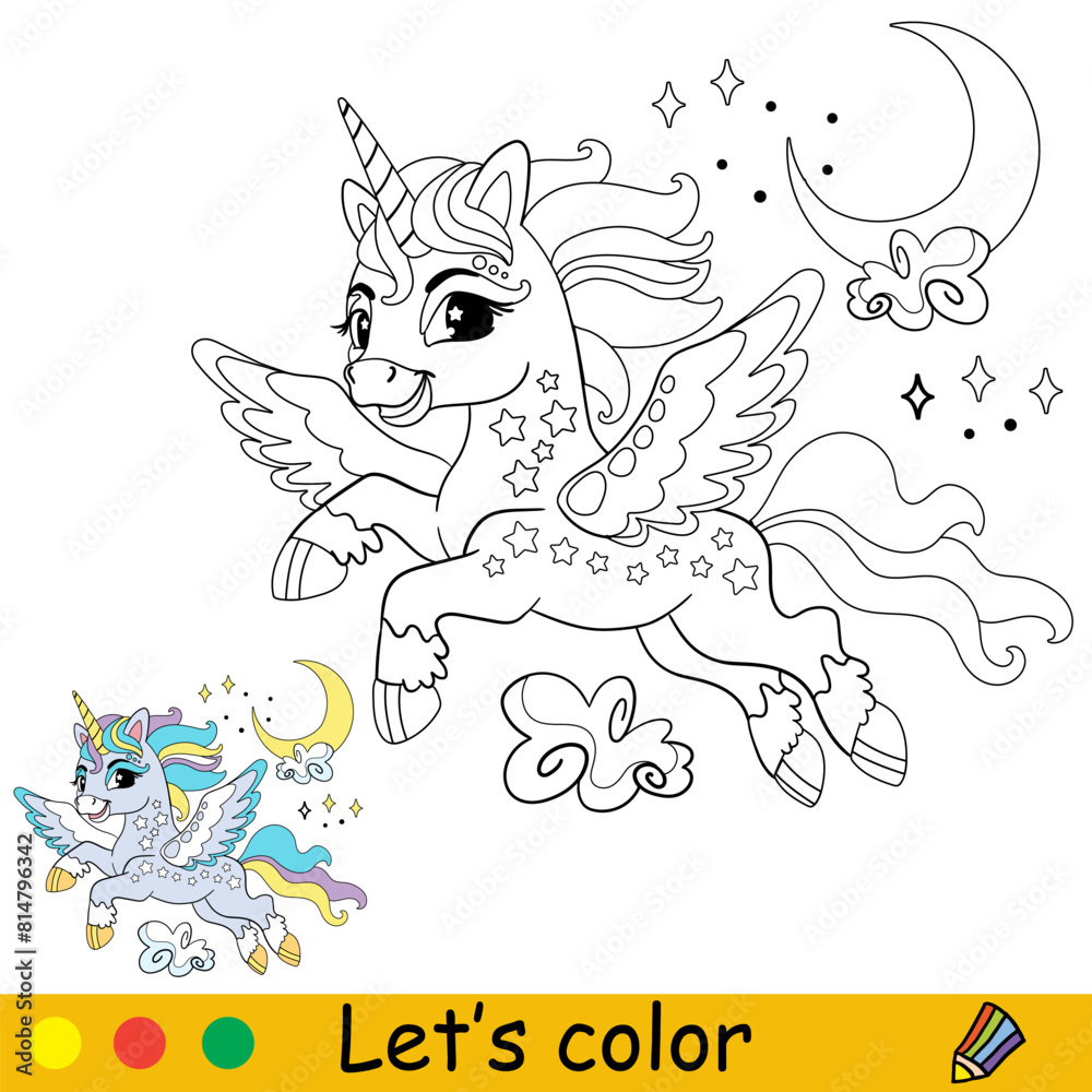 Fototapeta premium Kids coloring with cute flying unicorn vector