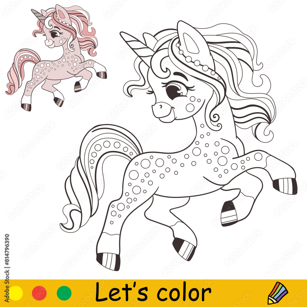 Fototapeta premium Kids coloring with cute pink unicorn vector