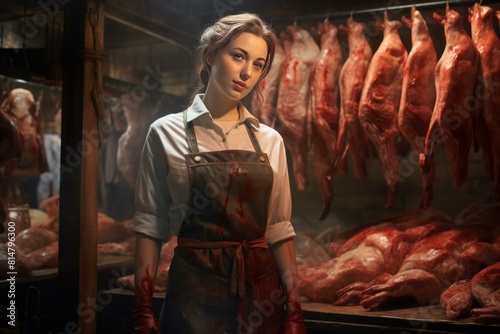 A professional woman butcher with an apron stands in a vintage butcher's shop © juliars