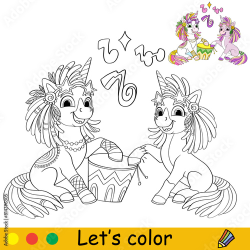 Kids coloring with cute unicorns and drum vector