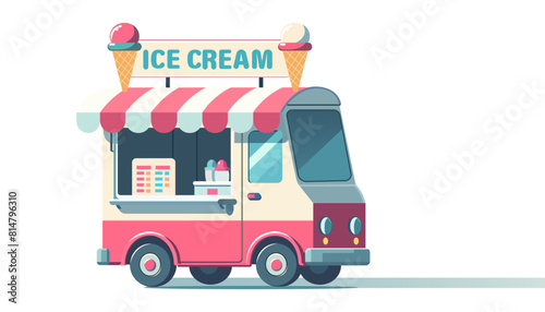 Vector illustration of colorful ice cream truck in flat style. ice cream machine