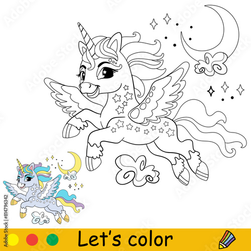 Kids coloring with cute flying unicorn vector © alinart