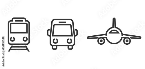 Airplane, train and bus icons set in bold line